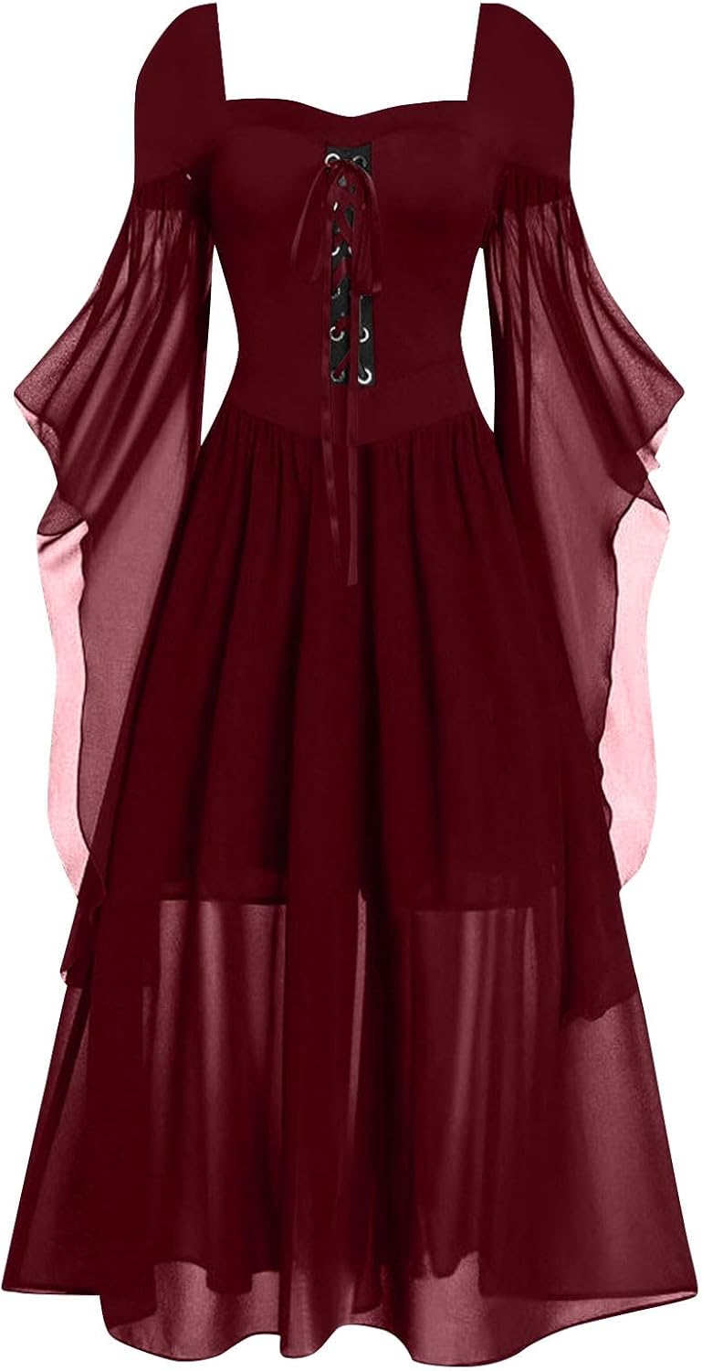 Women Casual Cold Shoulder Dress Solid Color Lace Butterfly Sleeve Halloween Retro Cocktail Party Gothic Prom Dress
