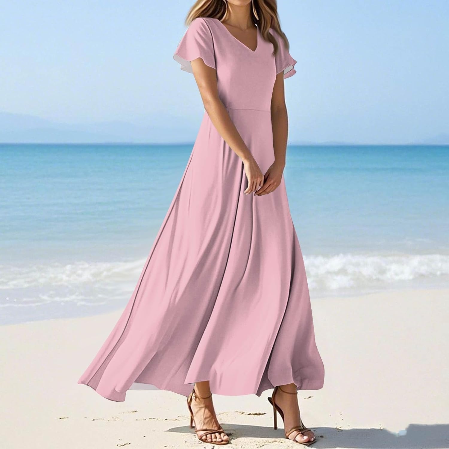 Womens Fashion V Neck Ruffle Short Sleeve Maxi Dress 2025 Summer Elegant Solid Color Flowy A Line Dresses