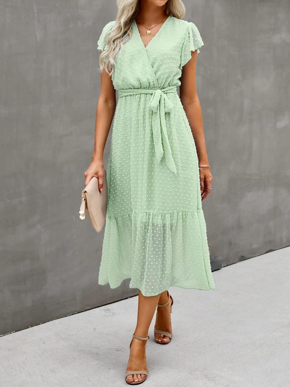 BTFBM Women Summer Bohemian Floral Casual Wrap V Neck Ruffle Cap Sleeveless Belt A-Line Pleated Hem Midi Sun Dress White