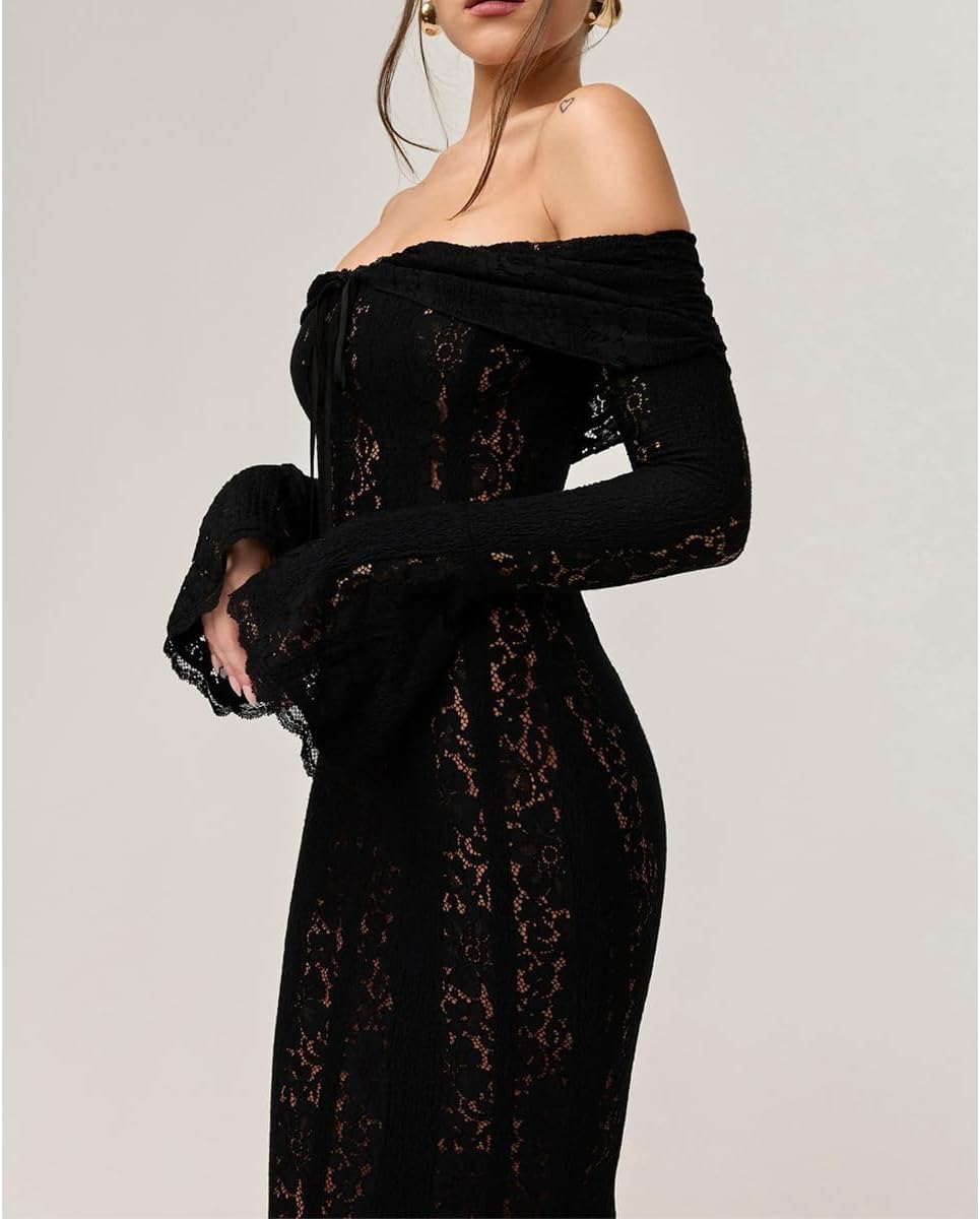 Autumn Elegant Off Shoulder Lace Maxi Dress White Women Long Sleeve Evening Party Dresses for Date Nights