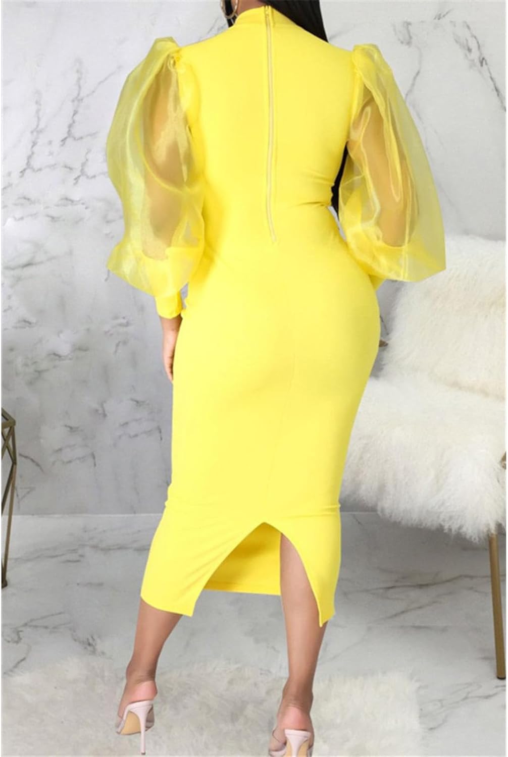 Ekaliy Women's See Through Bodycon Dress Sheer Mesh Long Puff Lantern Sleeve Dress Sexy Club Party Midi Dress Clubwear