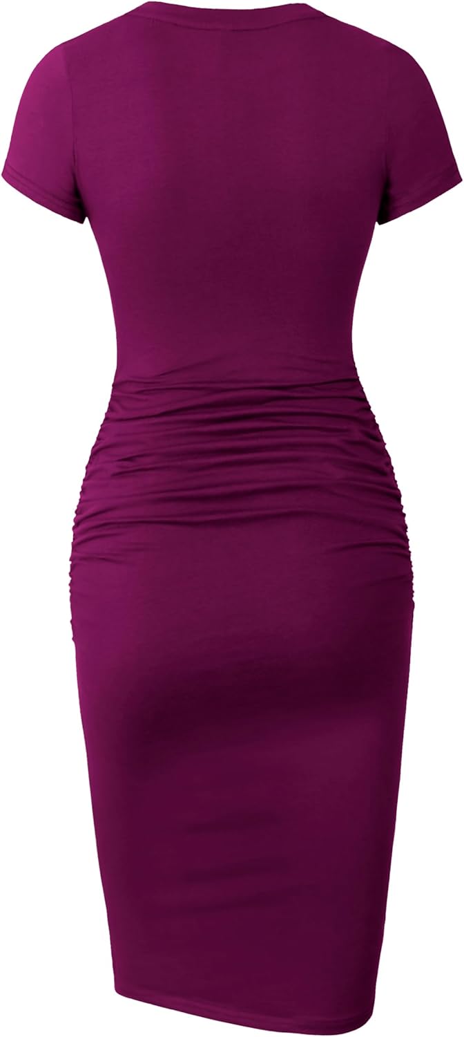 Missufe Women's Short Sleeve Ruched Casual Sundress Midi Bodycon T Shirt Dress