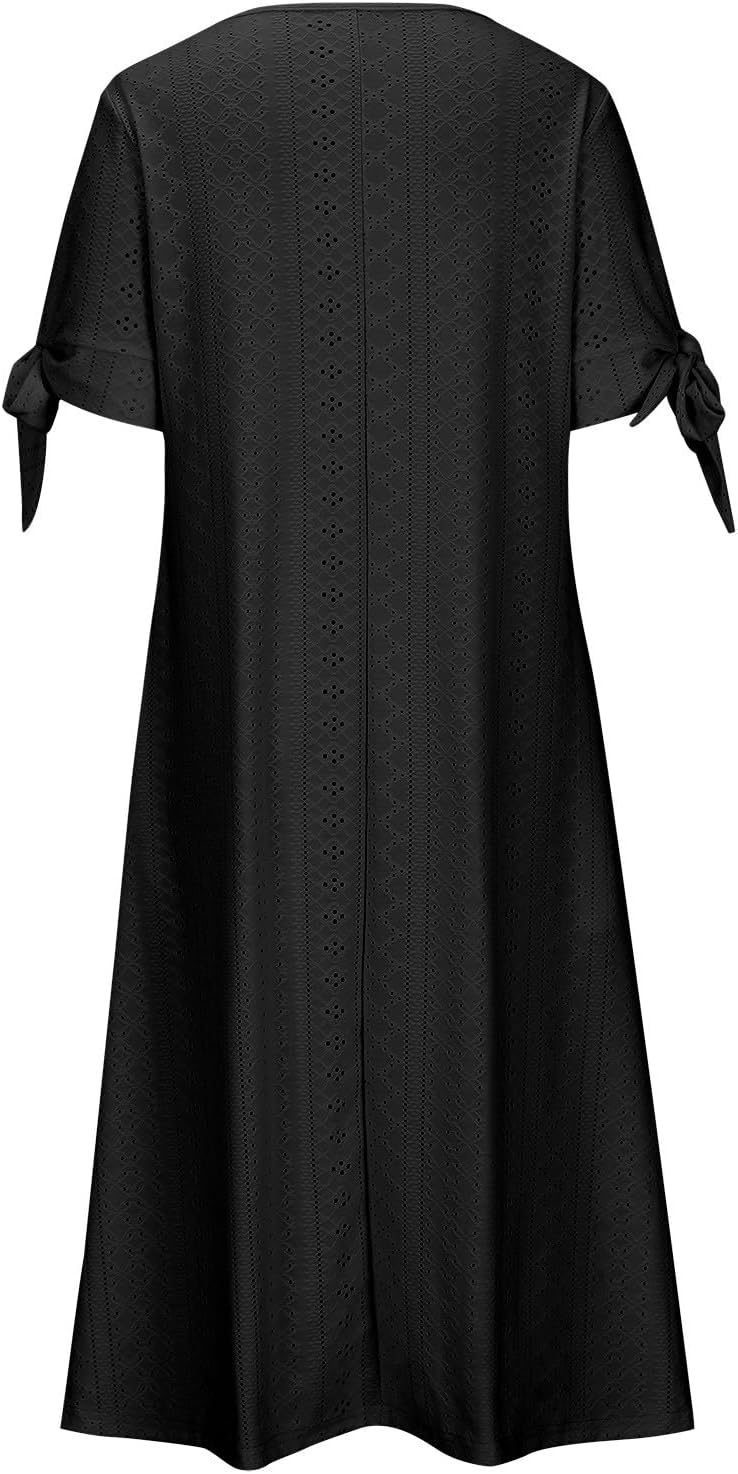 Boho Dresses for Women 2024 Fashion Summer Short Sleeve Eyelet Notch V Neck Sundress Beach Casual Maxi Long Dress