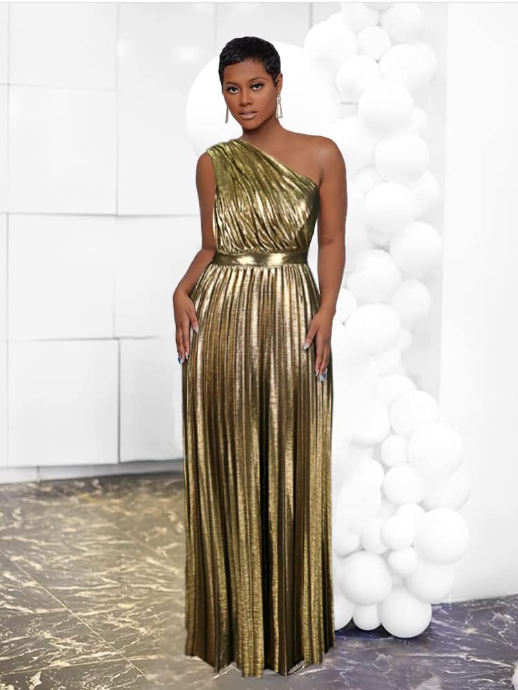 AOMEI Women's Luxury Metallic One Shoulder Sleeveless Elegant Pleated Long Dress