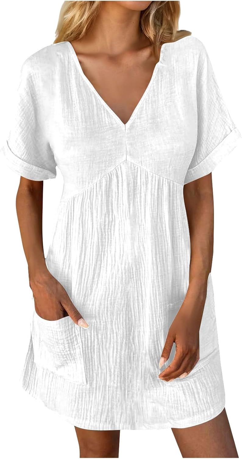 hlysgo Womens Summer Dresses 2024 Casual Loose Fit Short Sleeve V Neck Mini Dress Trendy Vacation Tshirt Dress with Pockets