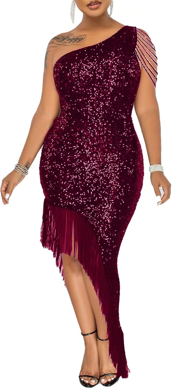 Cololura Women Sequin Elegant Sexy Tassels One Shoulder Mermaid Bodycon Cocktail Evening Midi Party Formal Dress