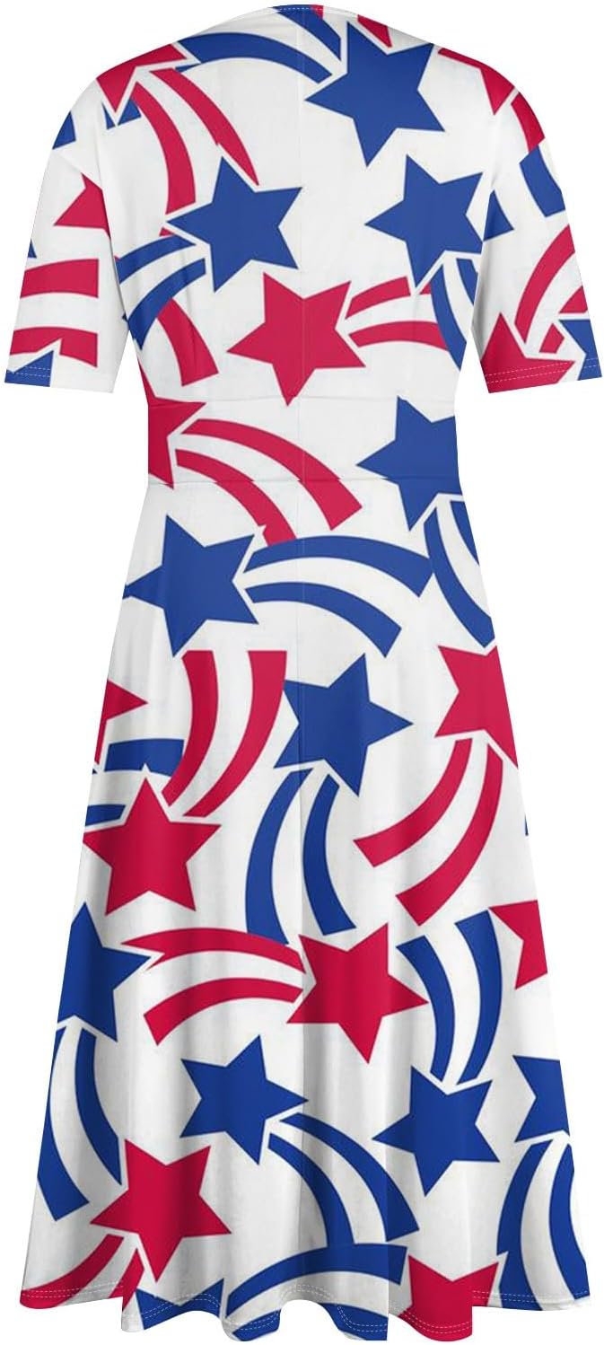 Women's Patriotic Star Print Midi Short Sleeve V-Neck Casual A-Line Dress for Summer Parties & Events