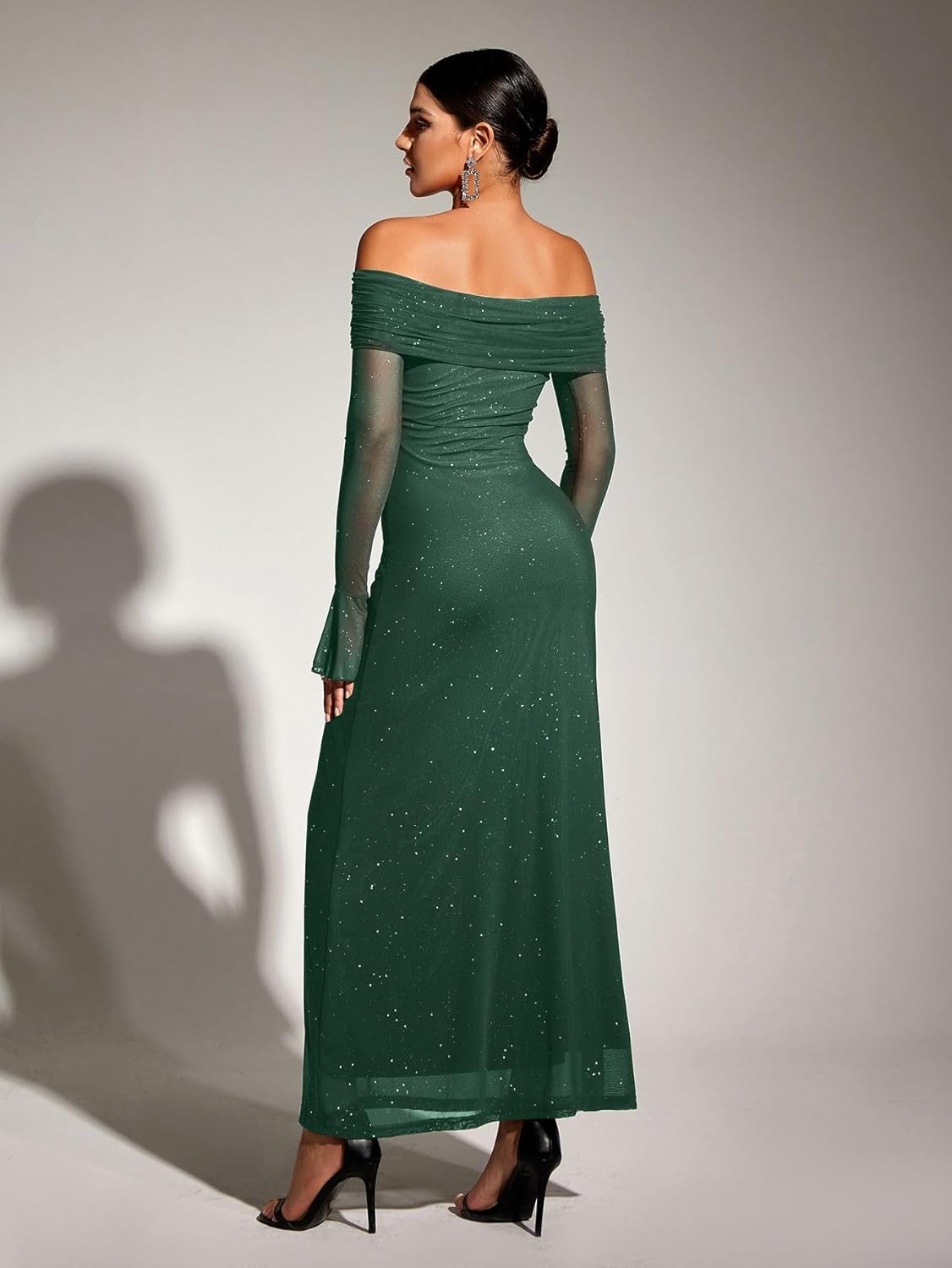 KUTUMAI Women Off Shoulder Bodycon Maxi Dress Long Sleeve Mesh Ruched Party Formal Wedding Guest Dresses