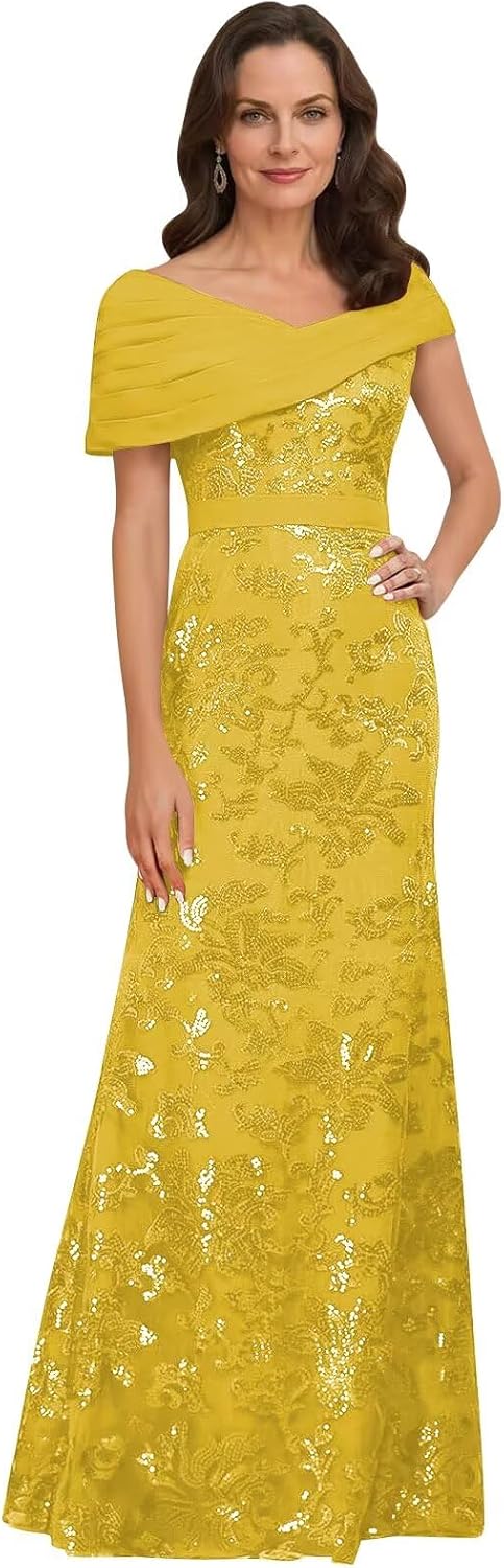 Lace Sequin Mother of The Bride Dresses for Women Long Mermaid Off The Shoulder Formal Evening Dress with Sleeves
