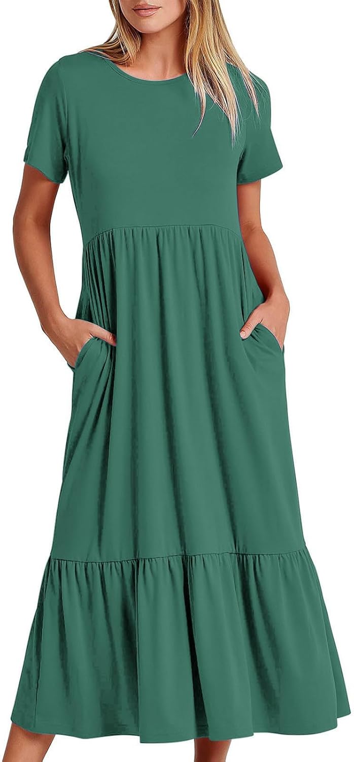 XUNRYAN Summer Dresses for Women 2024 Casual Calf Length Maxi Dress Pleated Flowy Tiered Swing Beach Sundress with Pockets
