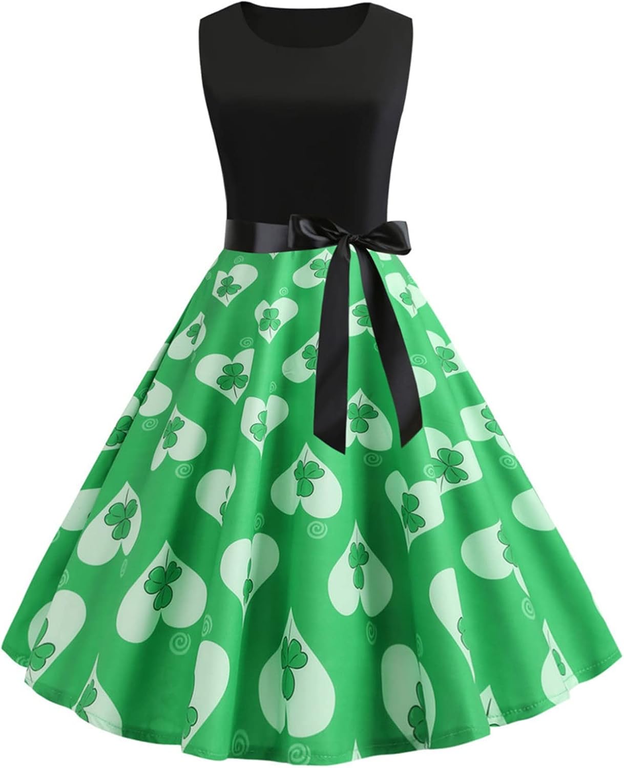 aihihe St Patricks Day Dress for Women A Line Pleated Hepburn Dress Lukcy Shamrock Print Irish Dress 2024 Vintage Dress