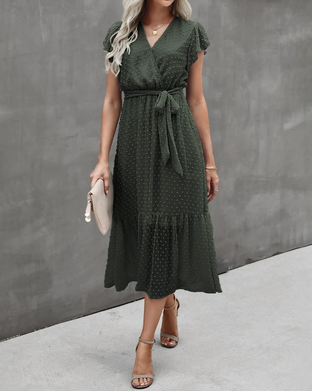 BTFBM Women Summer Bohemian Floral Casual Wrap V Neck Ruffle Cap Sleeveless Belt A-Line Pleated Hem Midi Sun Dress White
