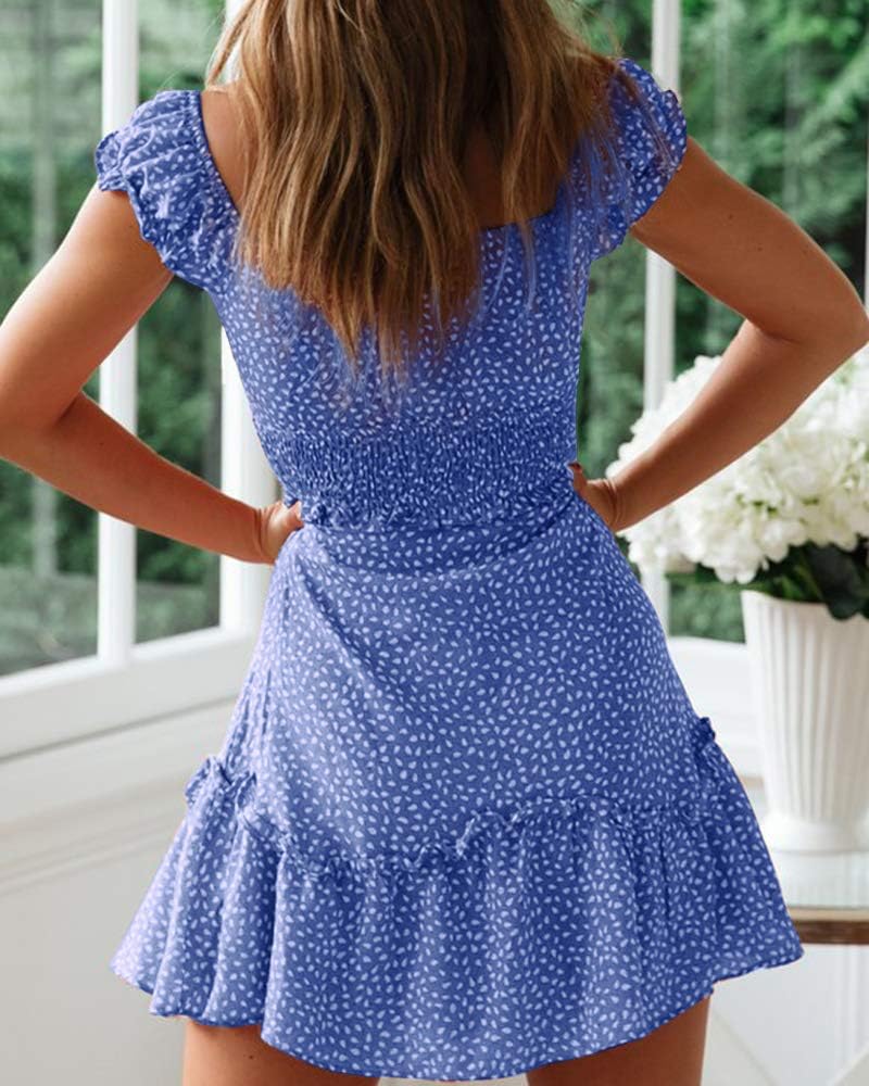YOBECHO Women's Summer Ruffle Sleeve Sweetheart Neckline Printing Dress Mini Dress