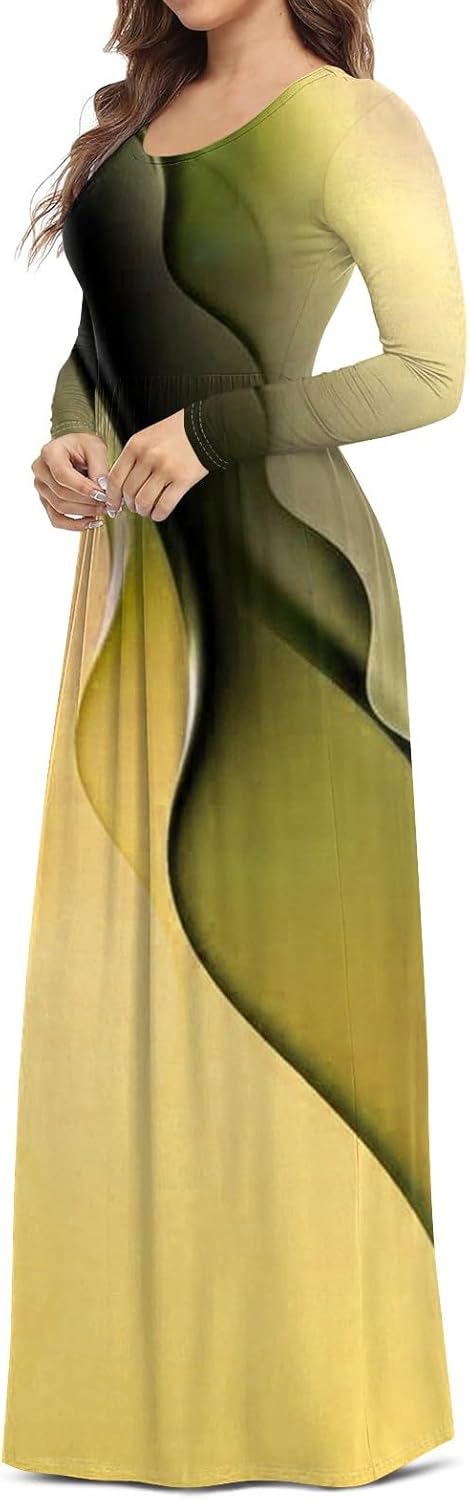 Long Sleeve Maxi Dress for Women Elegant Crew Neck Flowy Swing Dresses Solid Color Wedding Guest Dresses