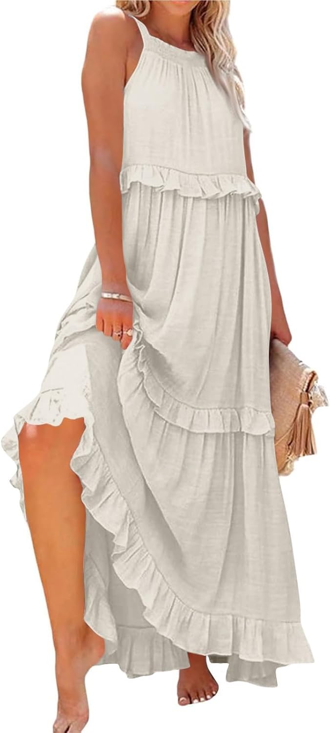 Boho Dresses for Women,2025 Summer Flowy Ruffle Tiered Swing Smocked Beach Sundress,Sleeveless Halter Maxi Dress