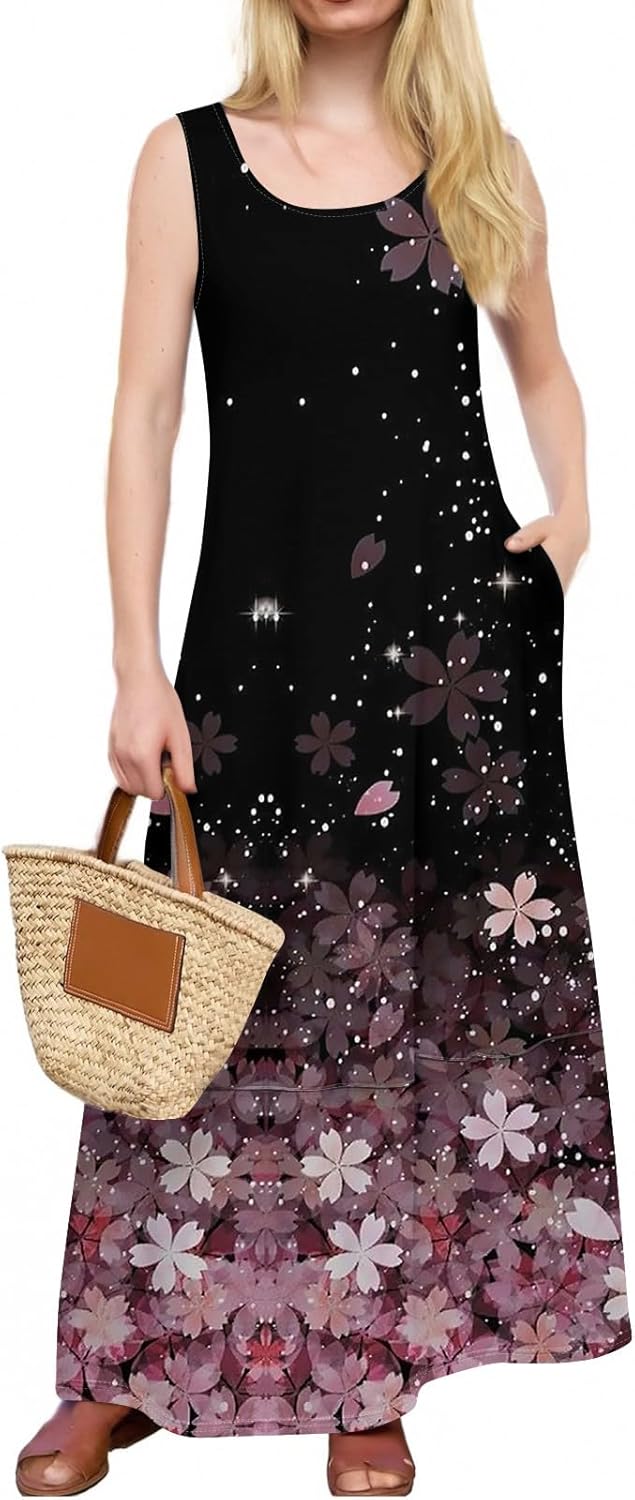 Womens Summer Tank Dress Vacation Boho Floral Long Dresses with Pockets Resort Wear Swing Beach Sleeveless Sundress