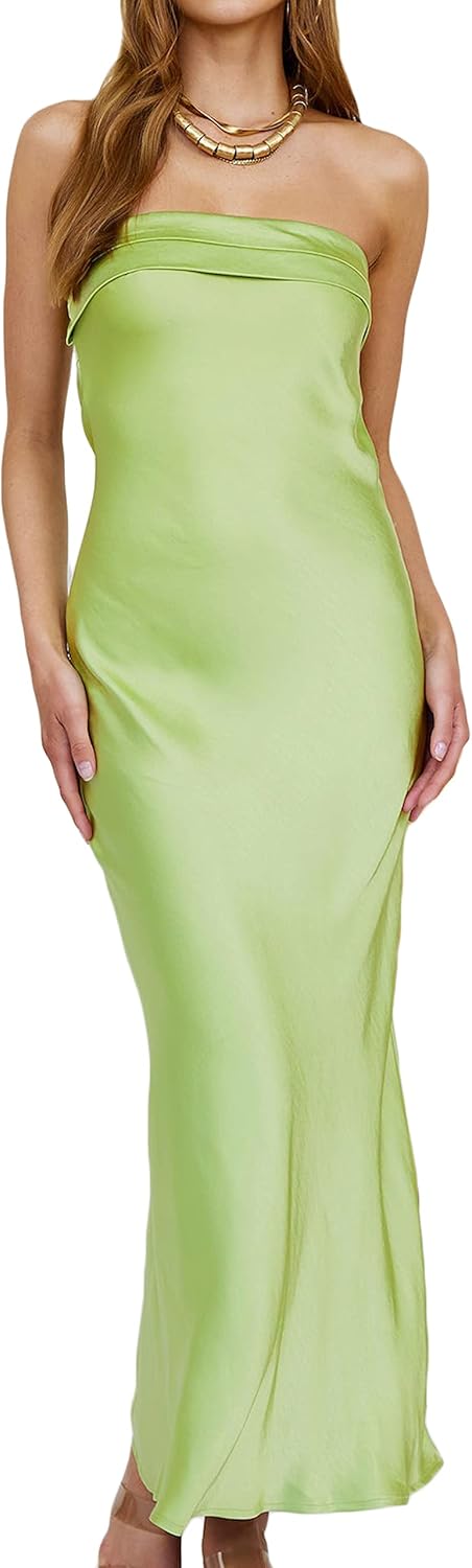 Realtix Satin Silk Backless Tube Tops Maxi Dress for Women Low Back Hollow Out Elegant Strapless Long Dresses Wedding Guest