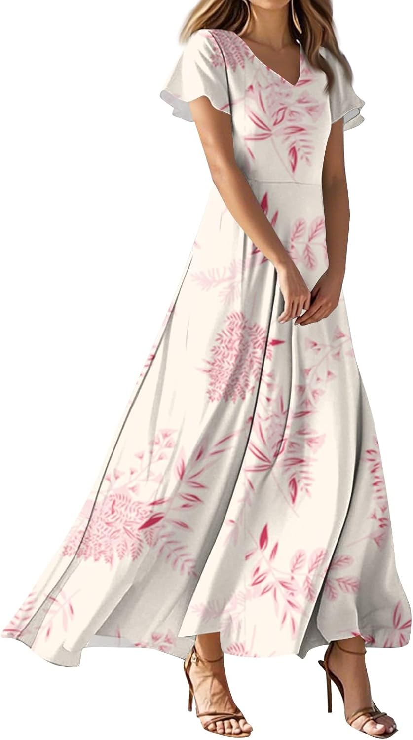 Womens Fashion V Neck Ruffle Short Sleeve Maxi Dress 2025 Summer Elegant Solid Color Flowy A Line Dresses