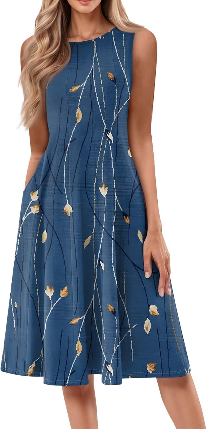 Womens Tank Sundress 2025 Casual Floral Print Tshirt Dress Swing Sleeveless Midi Dress Crewneck Pleated Summer Dresses