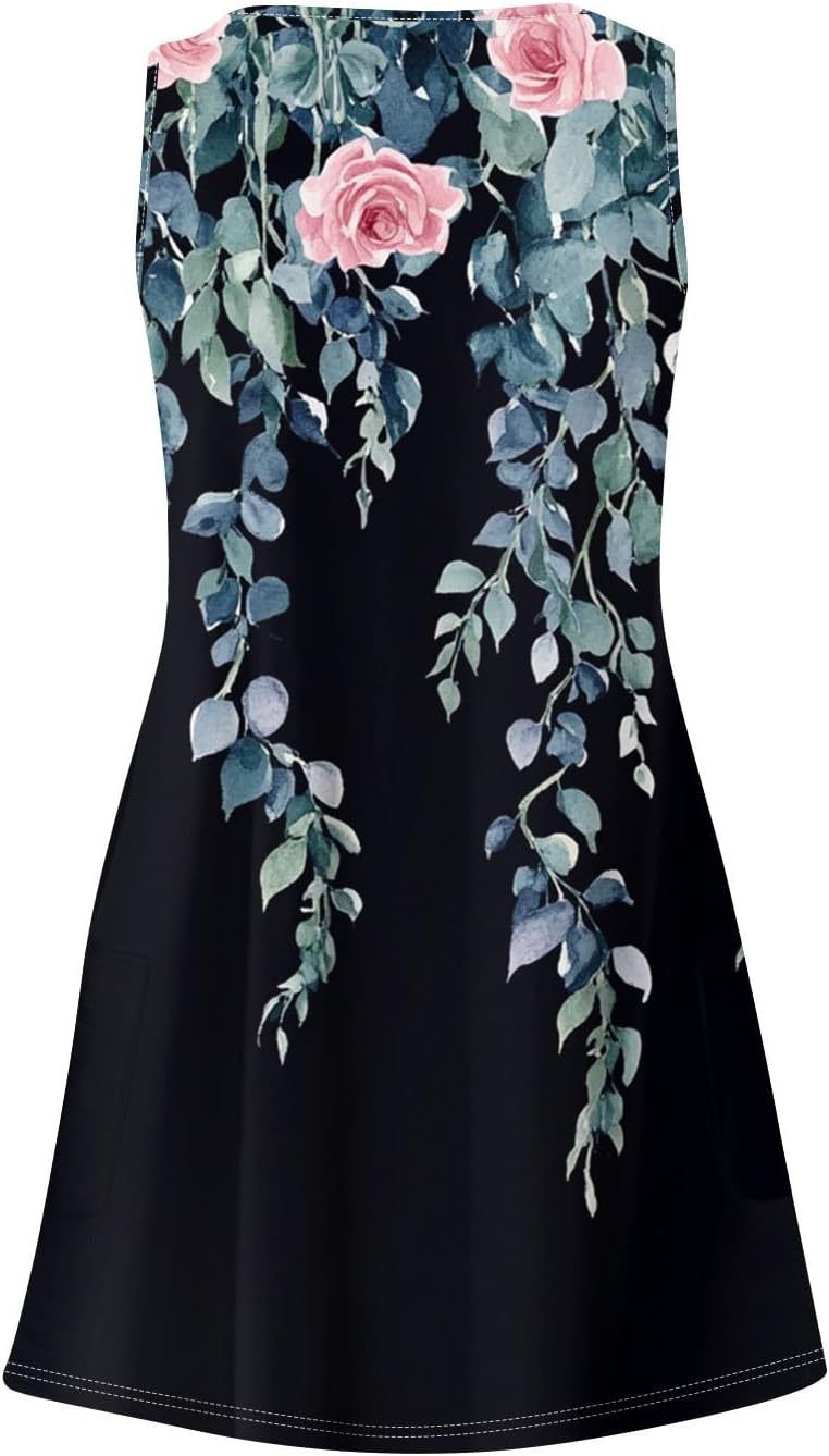 Women's Sleeveless Floral Print Summer Dress Casual V-Neck A-Line Mini Dress for Beach Party and Daily Wear