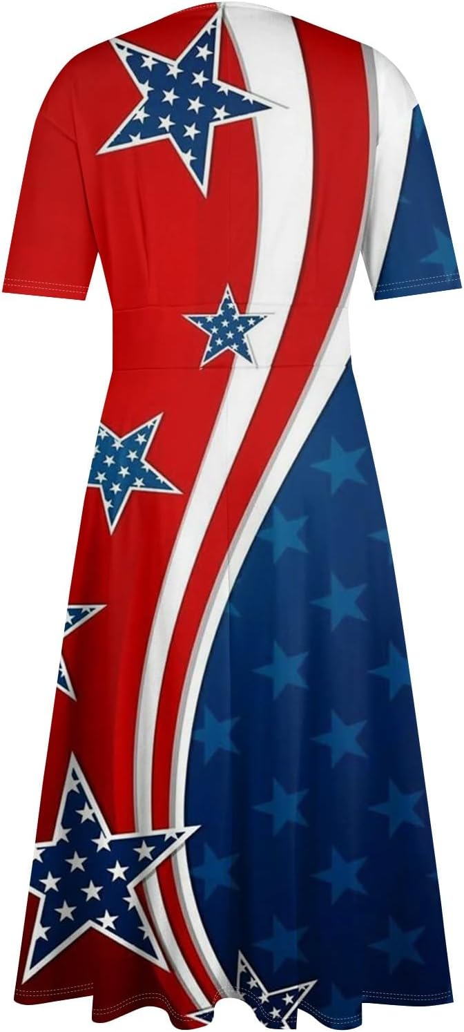 Women's Patriotic Star Print Midi Short Sleeve V-Neck Casual A-Line Dress for Summer Parties & Events