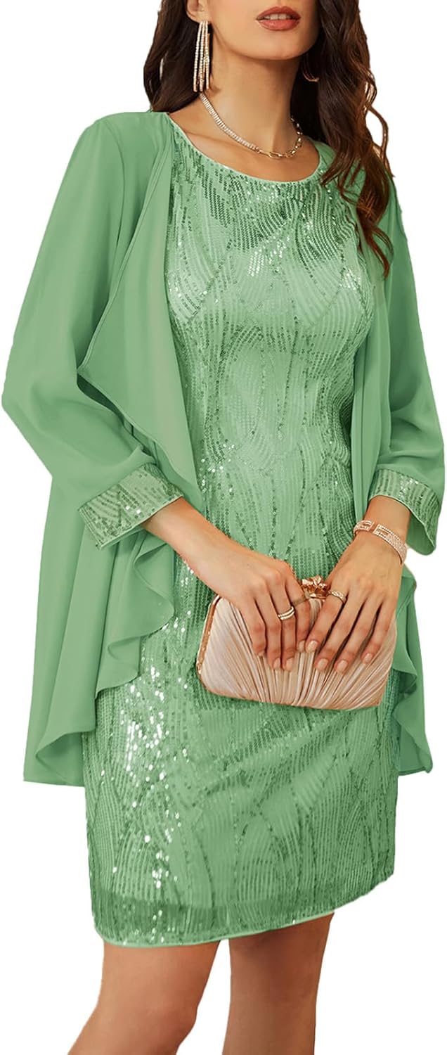 GRACE KARIN Sequin Dress for Women Knee Length Mother of the Bride Dresses Formal Dress Two Piece Dress with Chiffon Jacket
