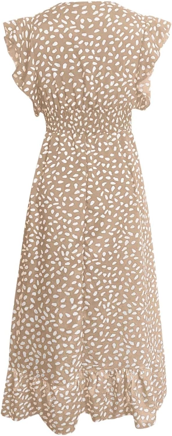 2024 Womens Summer Dresses Casual Boho Floral Ruffle Sleeve Midi Dresses Trendy Tie Waist V-Neck Sundress Beach Dress
