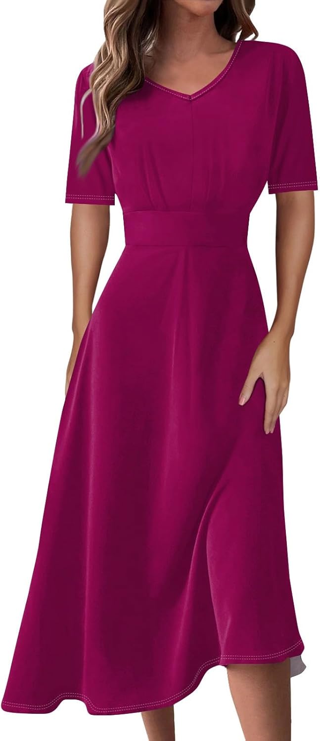 Women's Summer Elegant Cocktail Dress Solid Color Swing V-Neck Party Gown Dresses, S-2XL