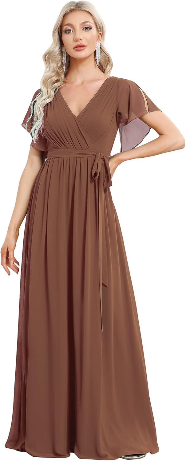 Ever-Pretty Women's Bridesmaid Dress V-Neck Ruffle Sleeves Ruched Bust Floor Length Chiffon Formal Dresses 0164A