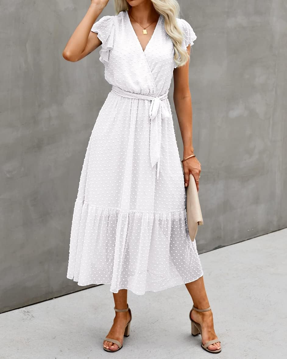 BTFBM Women Summer Bohemian Floral Casual Wrap V Neck Ruffle Cap Sleeveless Belt A-Line Pleated Hem Midi Sun Dress White