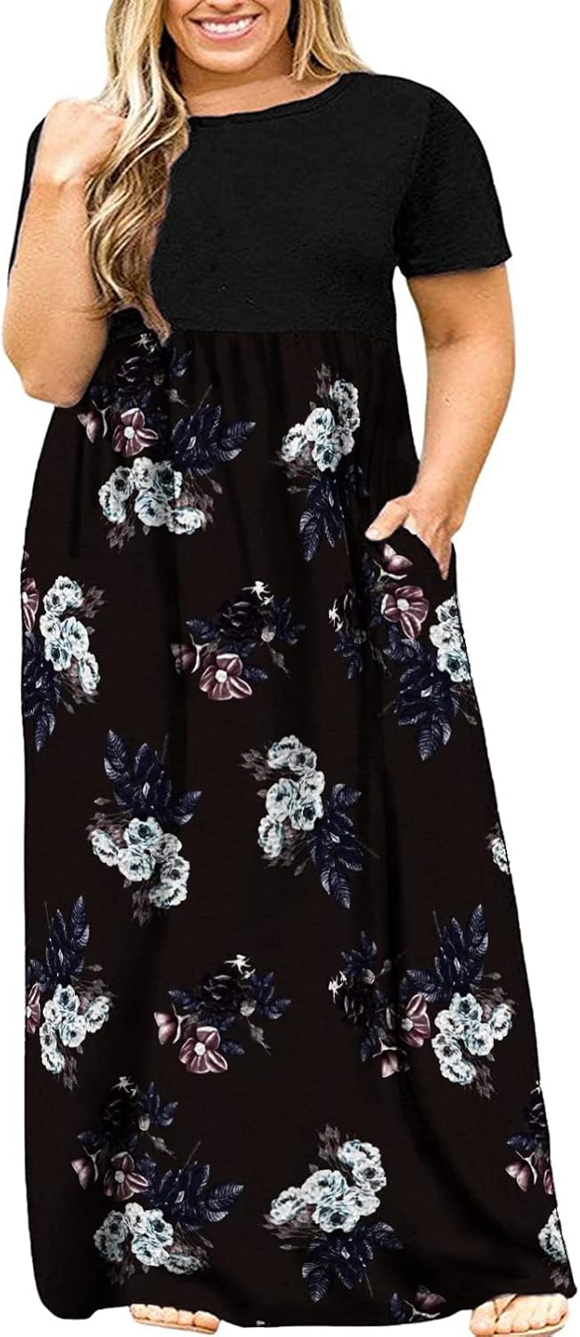 Kancystore Women's Short Sleeve Plus Size Maxi Dress with Pockets Loose Casual Summer Dresses