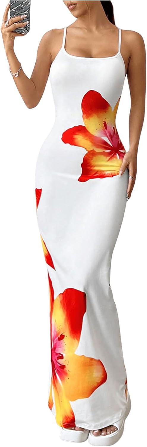 Verdusa Women's Floral Sun Maxi Bodycon Dresse Summer Starfish Dress White