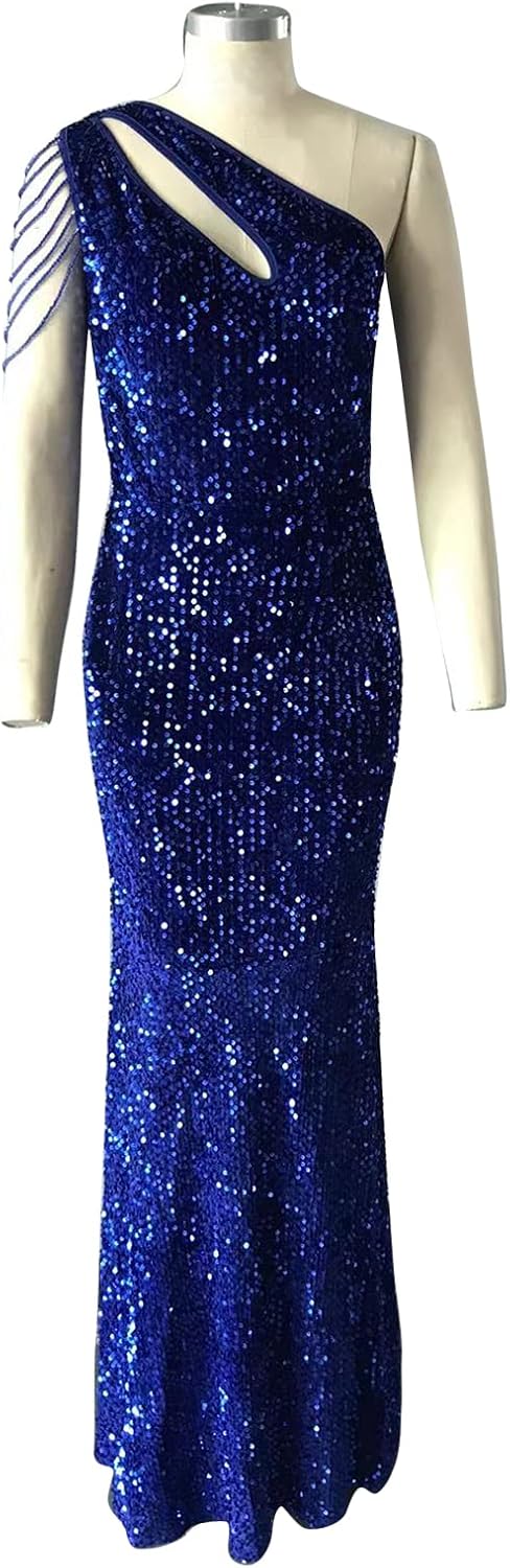 Cololura Women Sequin Elegant Sexy One Shoulder Tassel Mermaid Bodycon Cocktail Evening Dress