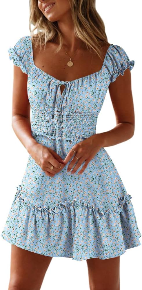 YOBECHO Women's Summer Ruffle Sleeve Sweetheart Neckline Printing Dress Mini Dress