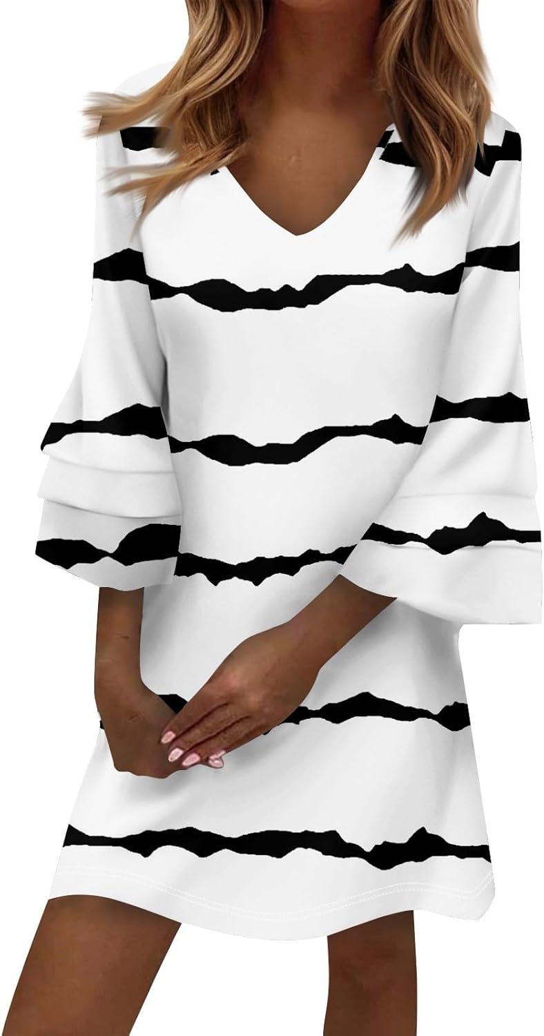 Beach Dresses for Women,2025 Summer Trendy Floral Print Boho Dress,Casual Loose V Neck Bell 3/4 Sleeve Mini Dress