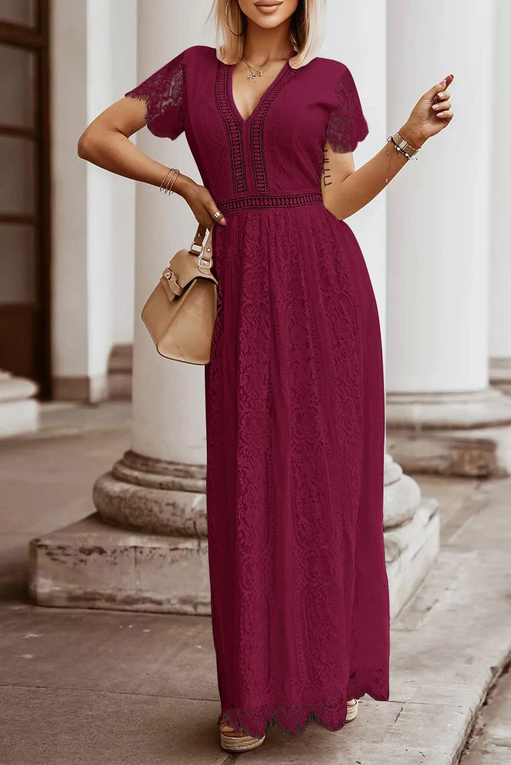 MEROKEETY Women's V Neck Short Sleeve Floral Lace Wedding Dress Bridesmaid Cocktail Party Maxi Dress