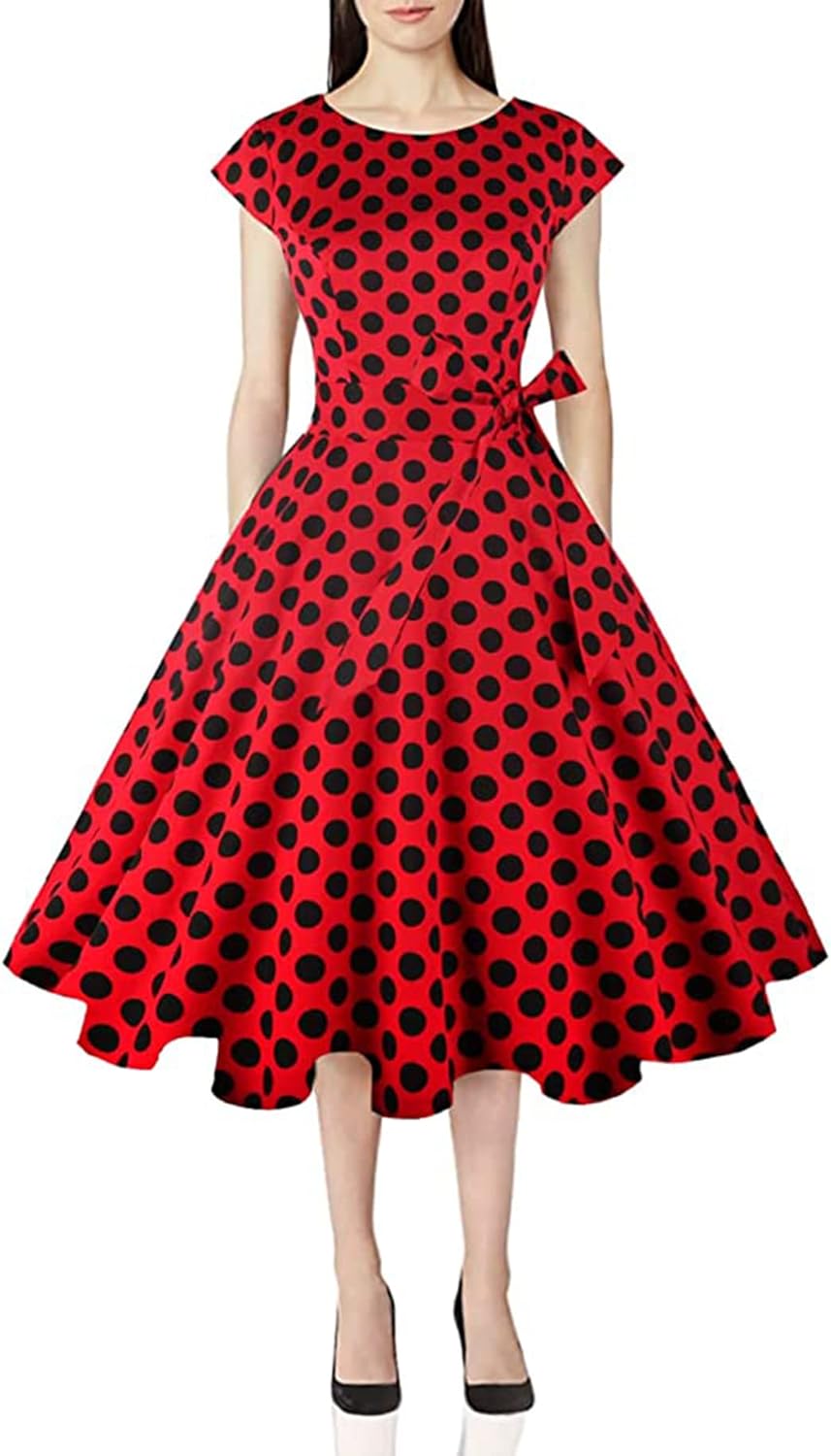 PUKAVT Women's 1950 Boatneck Cap Sleeve Vintage Swing Cocktail Party Dress with Pockets