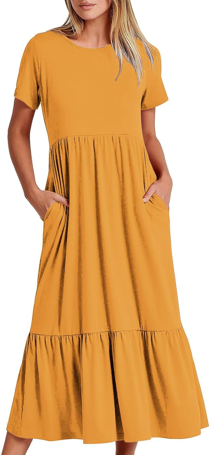 XUNRYAN Summer Dresses for Women 2024 Casual Calf Length Maxi Dress Pleated Flowy Tiered Swing Beach Sundress with Pockets