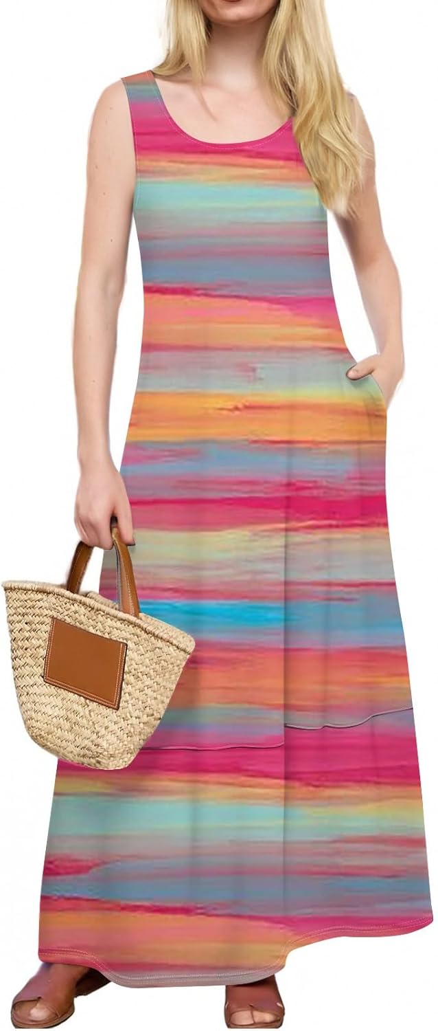 Womens Summer Tank Dress Vacation Boho Floral Long Dresses with Pockets Resort Wear Swing Beach Sleeveless Sundress