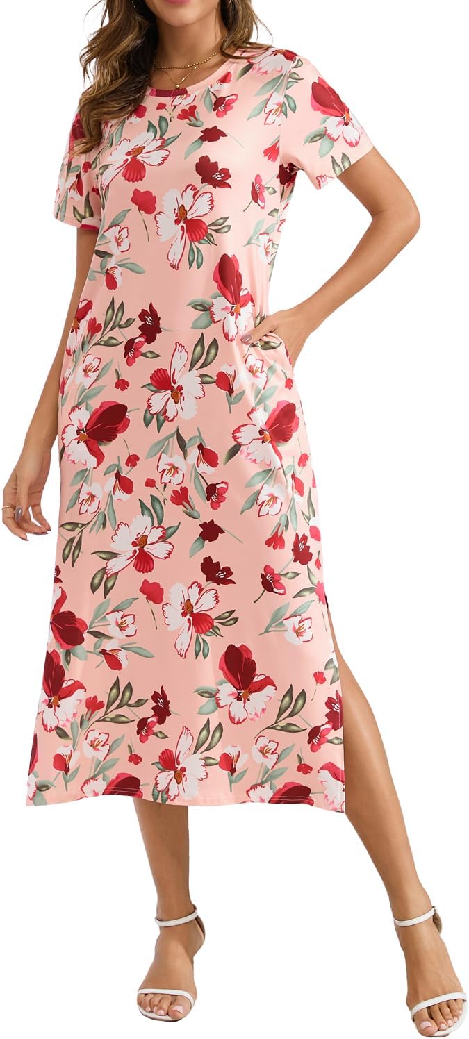 Naggoo Women's Short Sleeve Split Maxi Dress Casual Plain Tie Dye Print Tshirt Long Dresses with Pockets