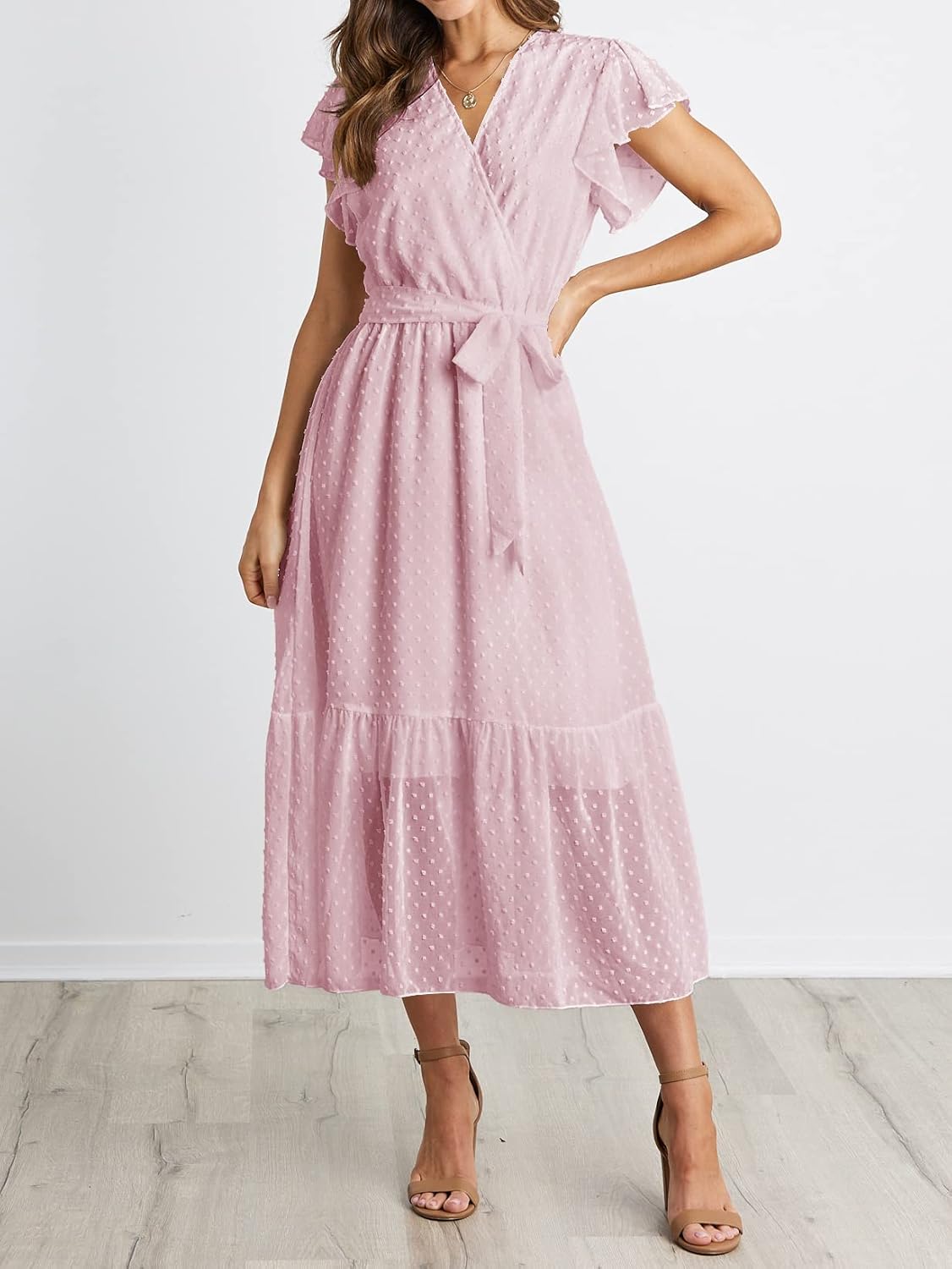 BTFBM Women Summer Bohemian Floral Casual Wrap V Neck Ruffle Cap Sleeveless Belt A-Line Pleated Hem Midi Sun Dress White