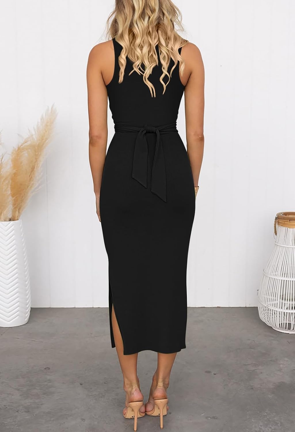 HUUSA Women's Sexy Sleeveless Cut Out Slim Bodycon Dress Crewneck Crisscross Twist Ruched Slit Ribbed Knit Tank Midi Dress