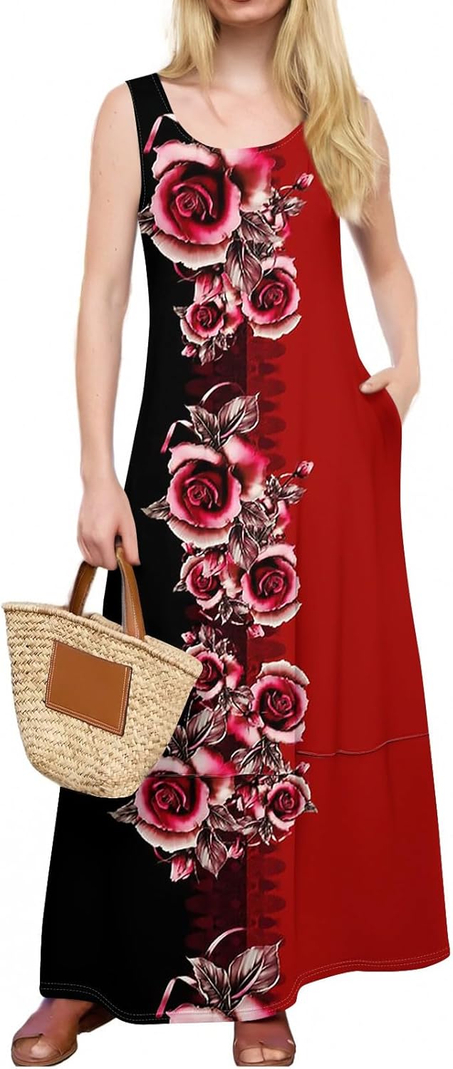 Womens Summer Tank Dress Vacation Boho Floral Long Dresses with Pockets Resort Wear Swing Beach Sleeveless Sundress
