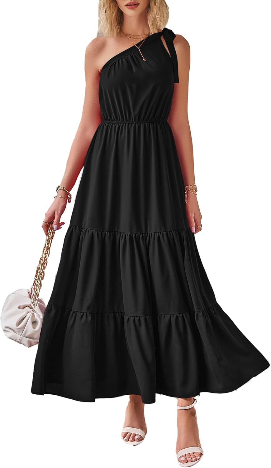 PRETTYGARDEN Women's Summer Floral Maxi Dress Knot One Shoulder Sleeveless Ruffle Flowy Boho Beach Wedding Guest Dresses