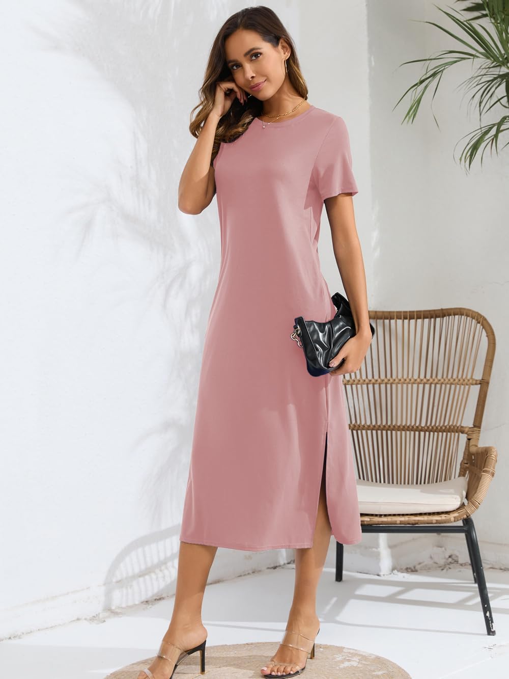 Naggoo Women's Short Sleeve Split Maxi Dress Casual Plain Tie Dye Print Tshirt Long Dresses with Pockets