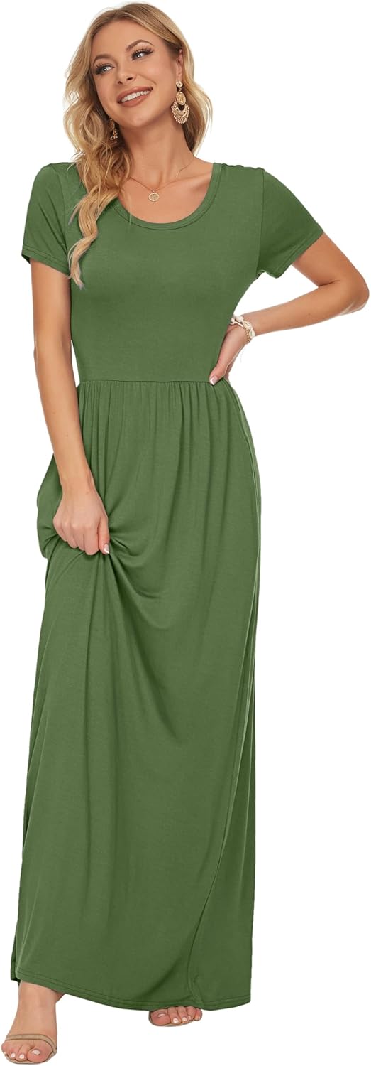 AUSELILY Women's Short Sleeve Loose Plain Casual Long Maxi Dresses for Women 2025