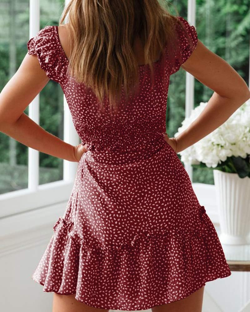 YOBECHO Women's Summer Ruffle Sleeve Sweetheart Neckline Printing Dress Mini Dress