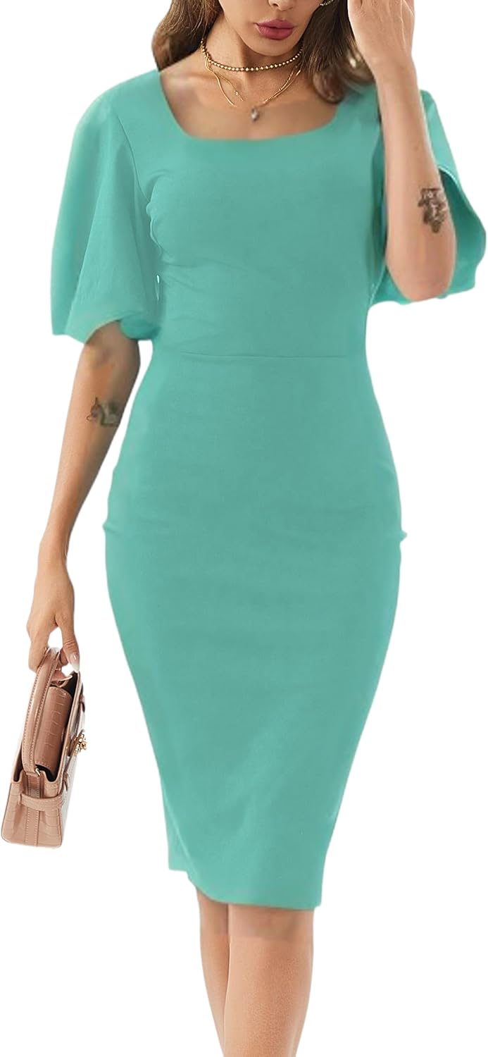 Womens Summer Dresses Square Neck Lantern Sleeve Bodycon Pencil Midi Dress