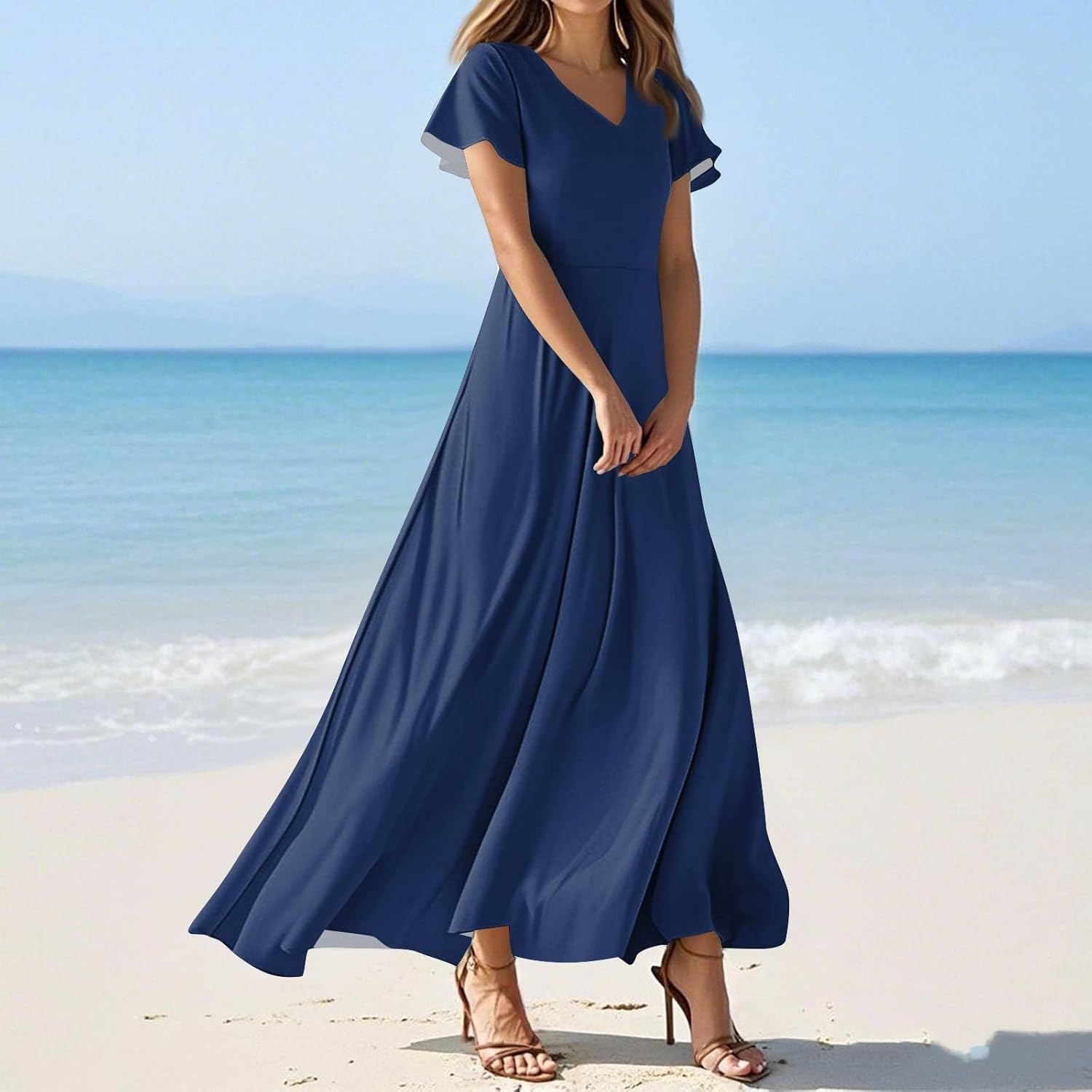Womens Fashion V Neck Ruffle Short Sleeve Maxi Dress 2025 Summer Elegant Solid Color Flowy A Line Dresses