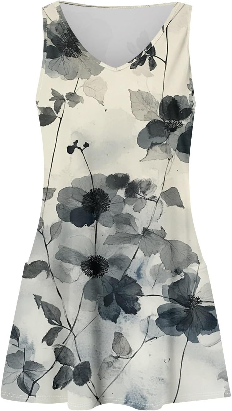 Women's Sleeveless Floral Print Summer Dress Casual V-Neck A-Line Mini Dress for Beach Party and Daily Wear